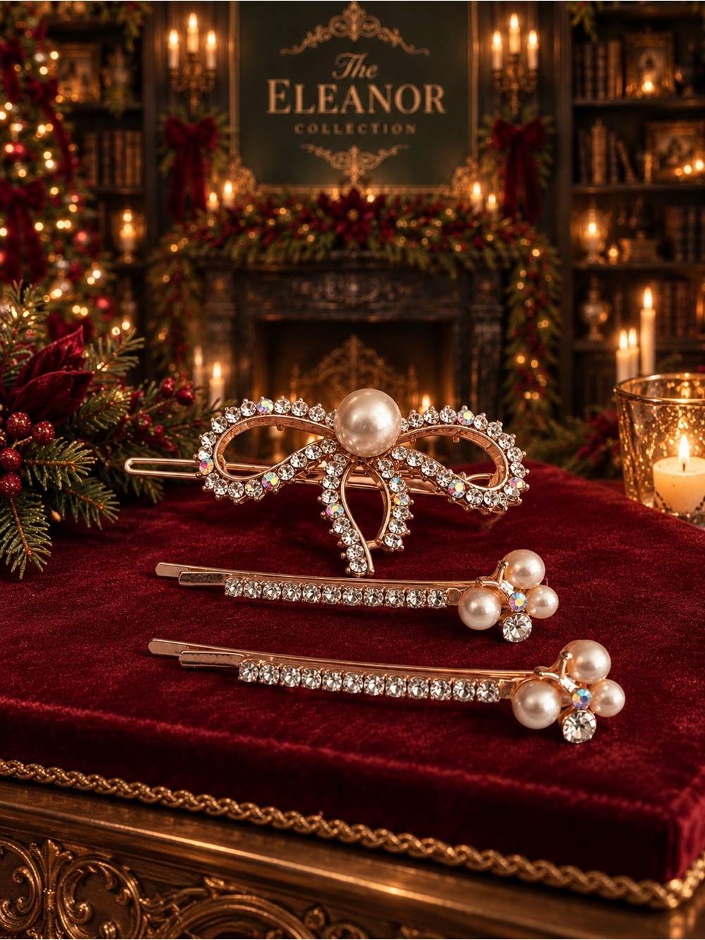 The Eleanor Collection Rose Gold Pearl Rhinestone Bow Hair Clip 3 Piece Set